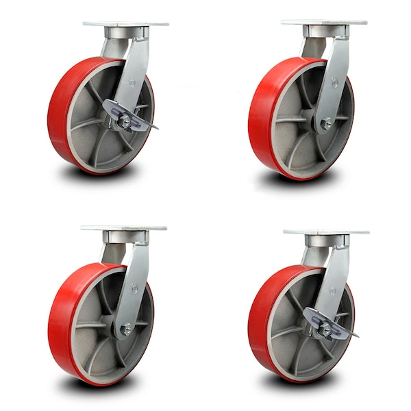 Service Caster 12 Inch Heavy Duty Red Poly on Cast Iron Caster Swivel Lock 2 Brakes SCC, 2PK SCC-KP92S1230-PUR-RS-BSL-2-SLB-2 - main